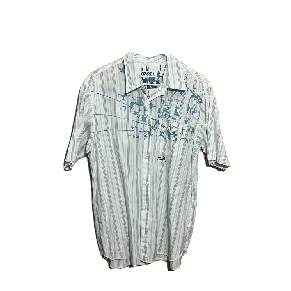 Oneill Mens Sz XL Shirt Short Sleeve Button Up Striped Surfer White Embroidered